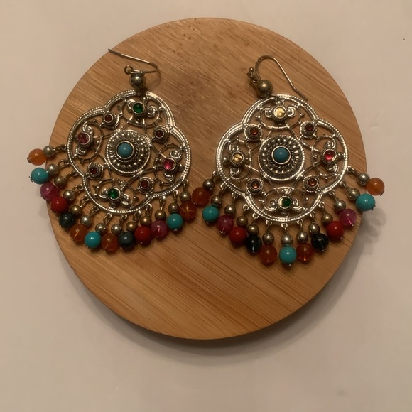 Silvertone Bohemian looking multicolored dangling pierced earrings - Picture 2 of 4